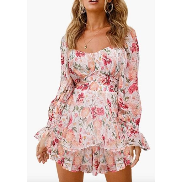 Pink Floral Rose Print Chiffon Ruffle Long Sleeve Romper Short Jumpsuit Playsuit - Picture 4 of 8